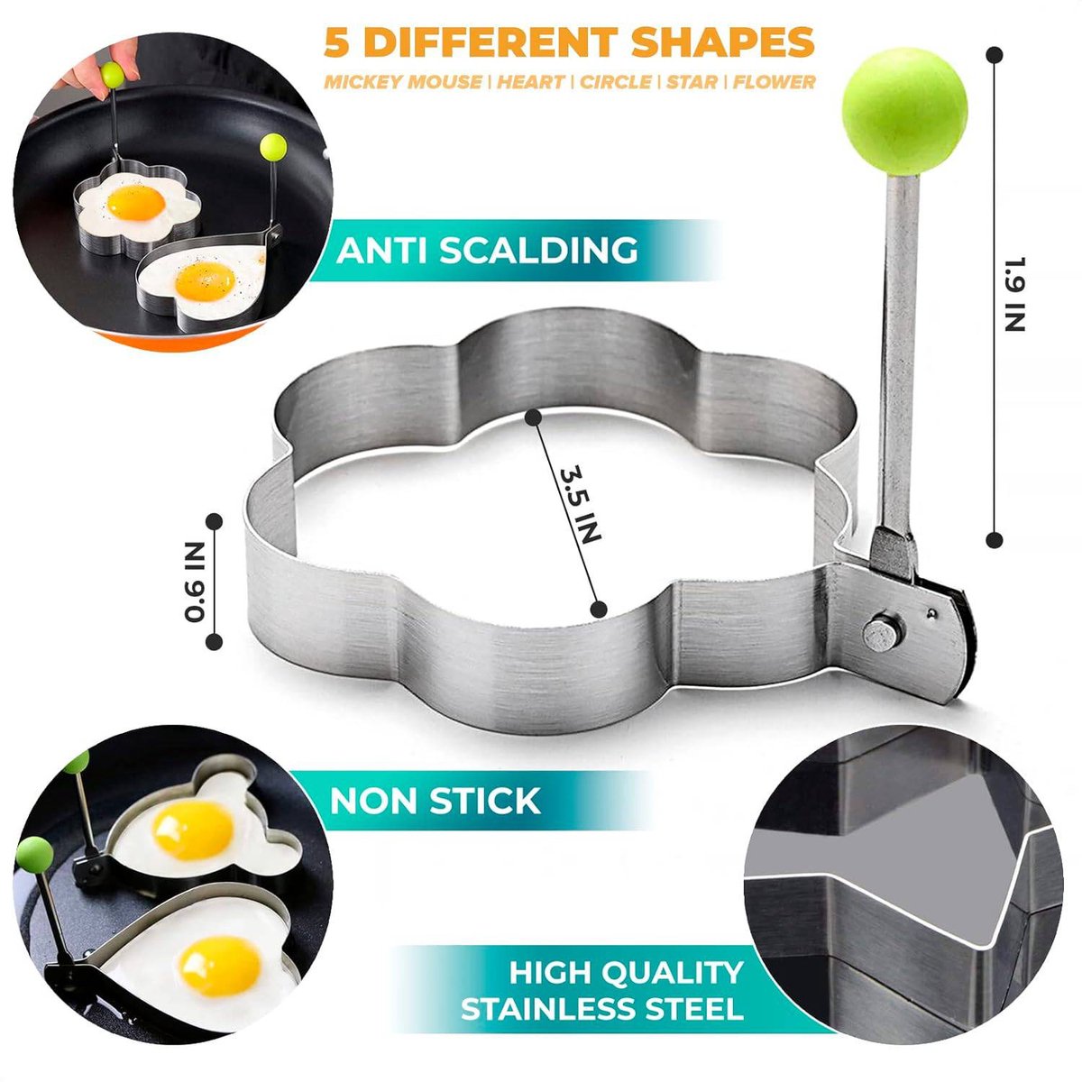 Stainless Steel Egg Baking Mold - 5 Pieces - Egg Baking Mold - Kitchen Utensils - DIY Model Egg Baking Mold - 5 Piece Creative Breakfast Set - Circle, Heart, Flower, Five-Pointed Star and Mickey Mouse Shapes - Image 6