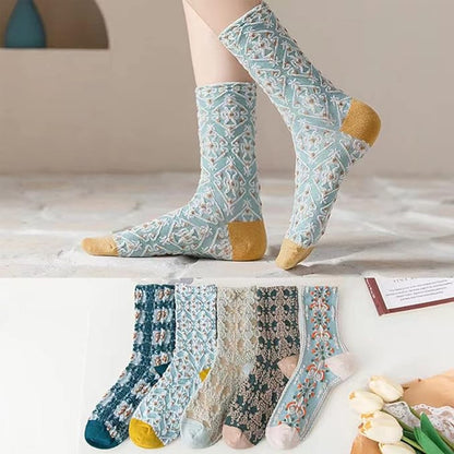 5 pairs of cotton socks for women - retro floral pattern - warm socks - lounge socks - autumn and winter socks - socks with 3D relief design - Image 6