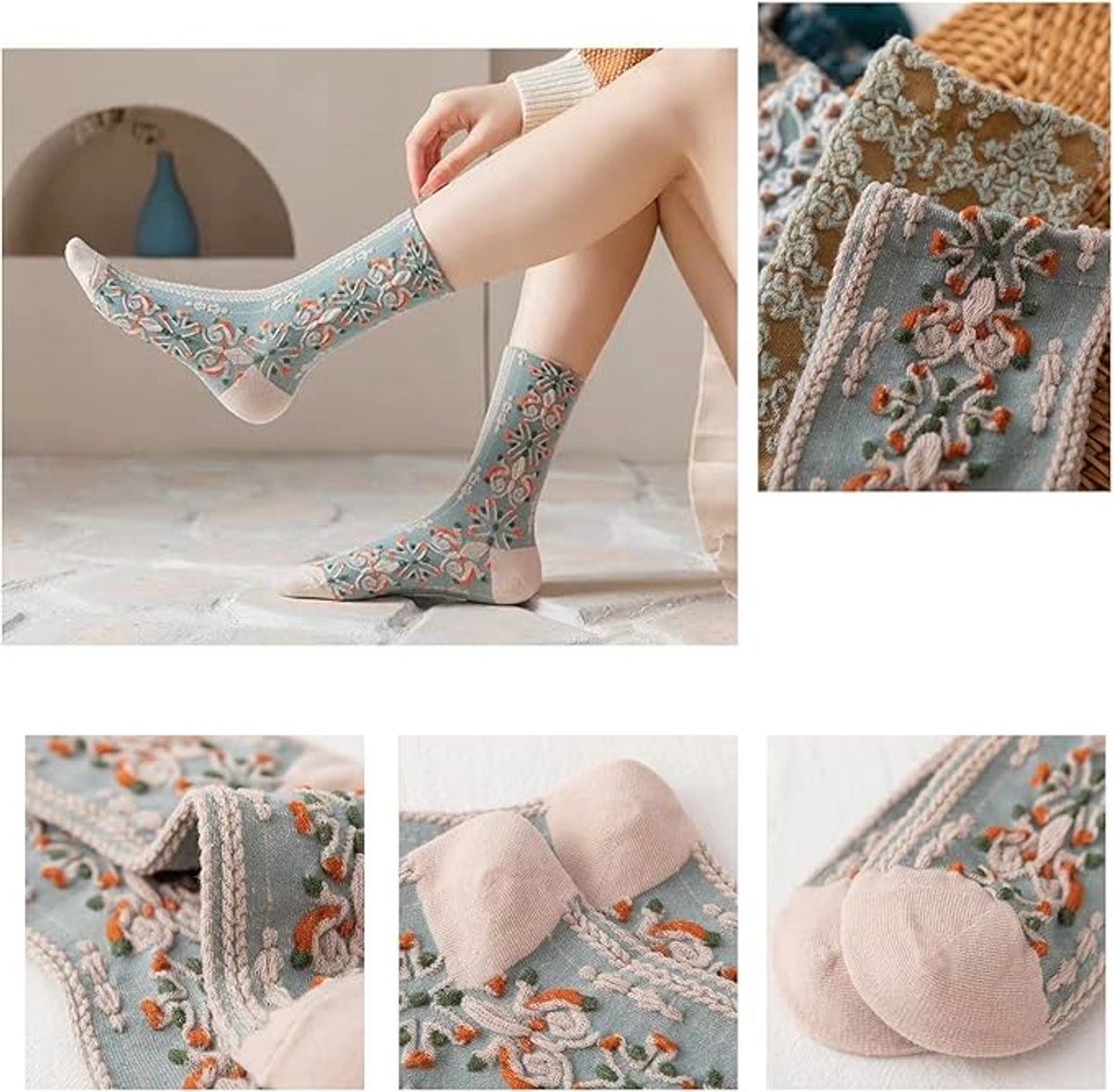5 pairs of cotton socks for women - retro floral pattern - warm socks - lounge socks - autumn and winter socks - socks with 3D relief design - Image 7