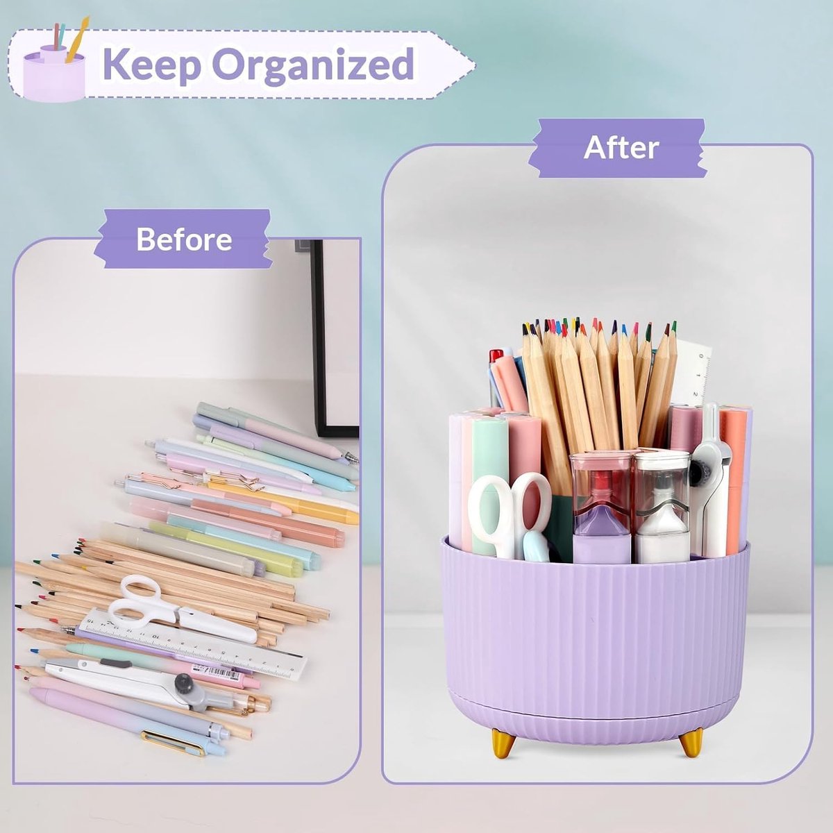 Storage Box - Rotating purple organizer for pens and art supplies - Storage box with compartments - Rotatable - Suitable for offices, schools and homes - Image 3