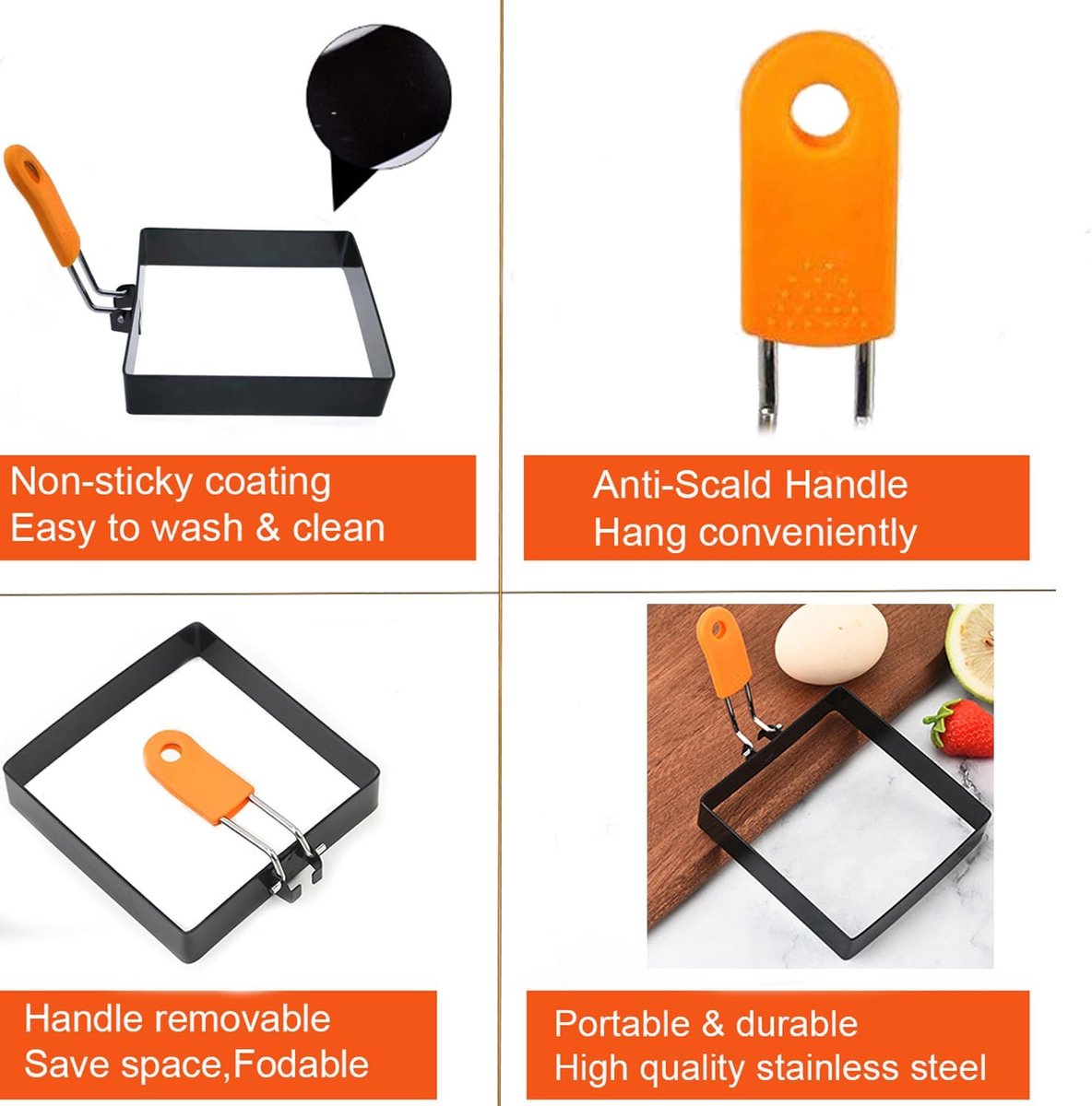 Egg Packaging - Pack of 4 - Egg Packaging - Square Egg Packaging - Non-stick Stainless Steel Square Shape - Square Omelette Mold - With Silicone Insulated Handle - 10x8cm - Image 5