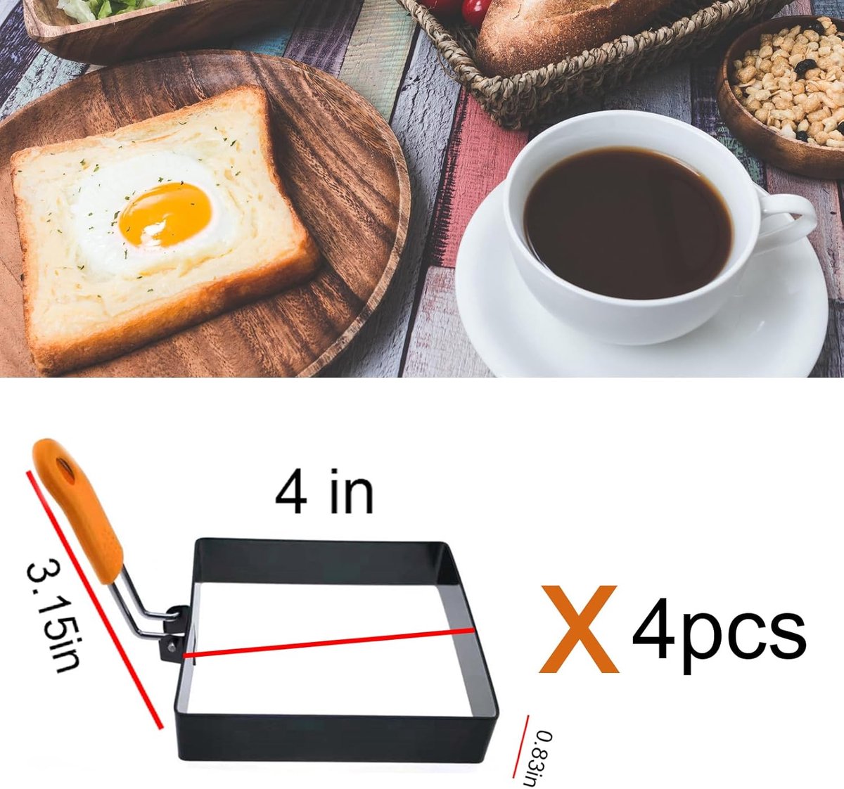 Egg Packaging - Pack of 4 - Egg Packaging - Square Egg Packaging - Non-stick Stainless Steel Square Shape - Square Omelette Mold - With Silicone Insulated Handle - 10x8cm - Image 6