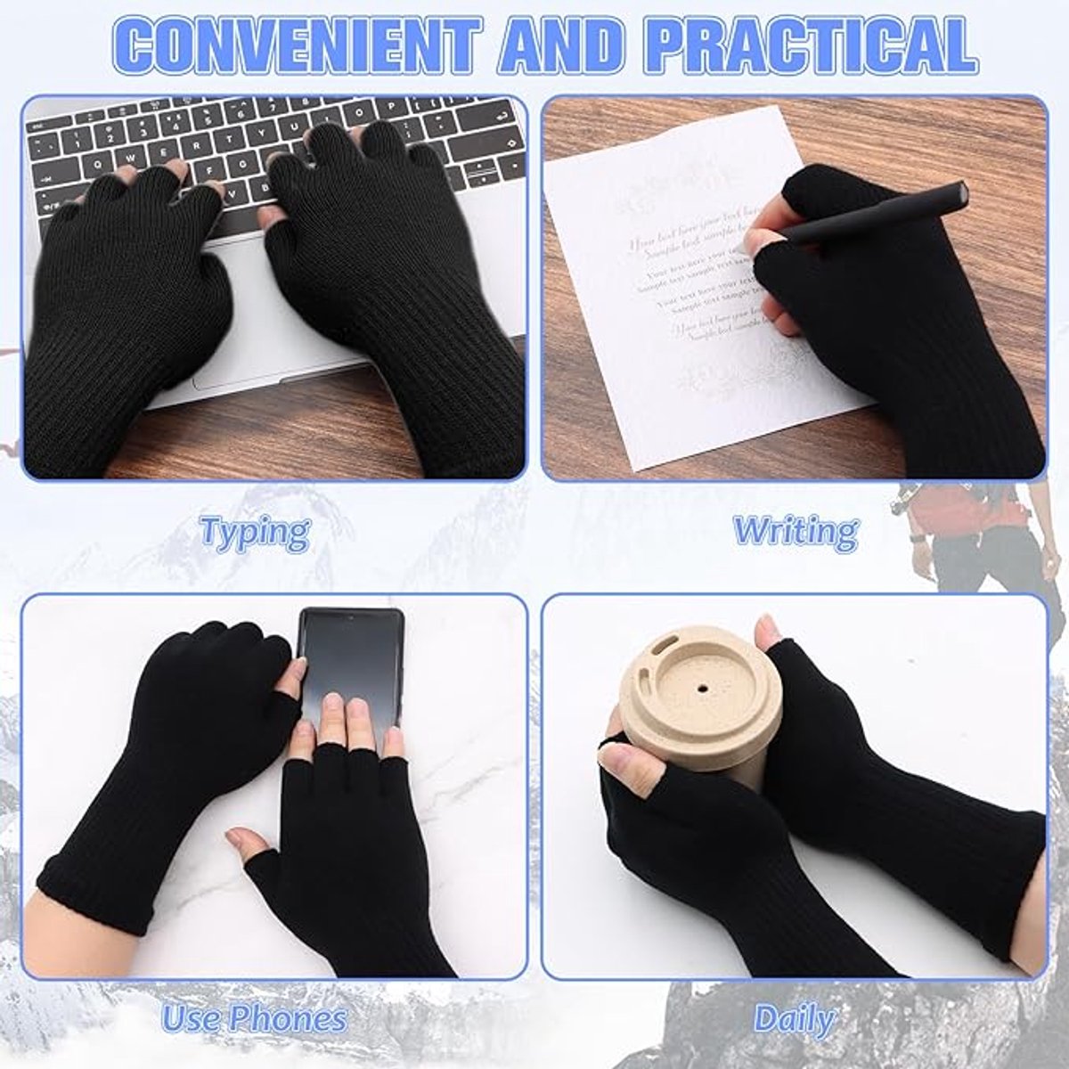 2 pairs of fingerless gloves - plain gloves for fall and winter - warm gloves with half fingers - long knitted - fingerless gloves - one size fits all - wristbands - black and gray - Image 2
