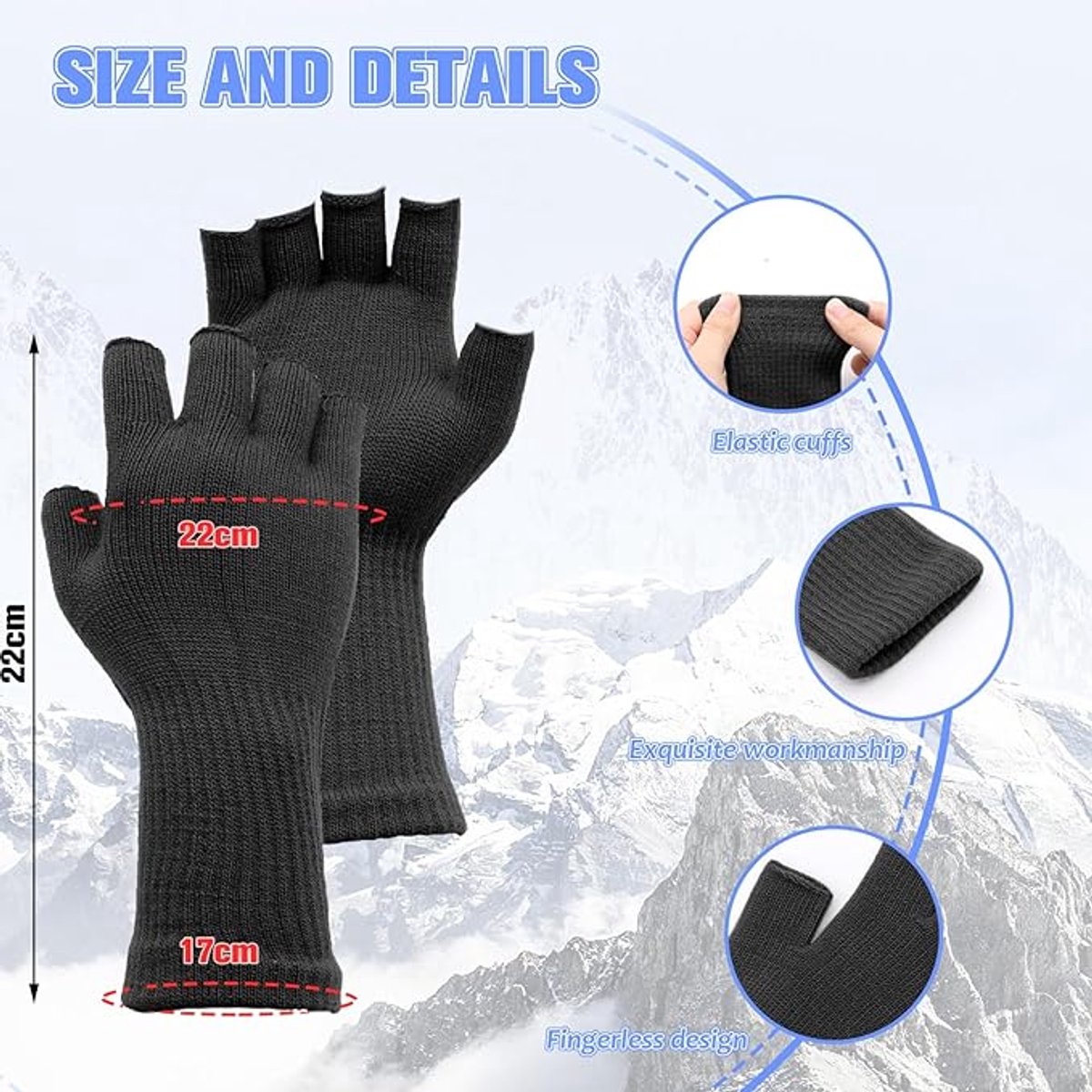2 pairs of fingerless gloves - plain gloves for fall and winter - warm gloves with half fingers - long knitted - fingerless gloves - one size fits all - wristbands - black and gray - Image 5