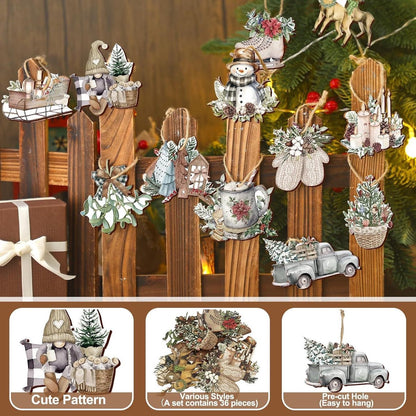 Christmas tree decorations (12 pieces) - Indoor Christmas decorations - Wooden Christmas tree decorations - Snowman - Sleigh - Reindeer set - Christmas decorations - Christmas decorations - Style A - Image 2