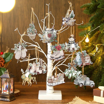 Christmas tree decorations (12 pieces) - Indoor Christmas decorations - Wooden Christmas tree decorations - Snowman - Sleigh - Reindeer set - Christmas decorations - Christmas decorations - Style A - Image 4