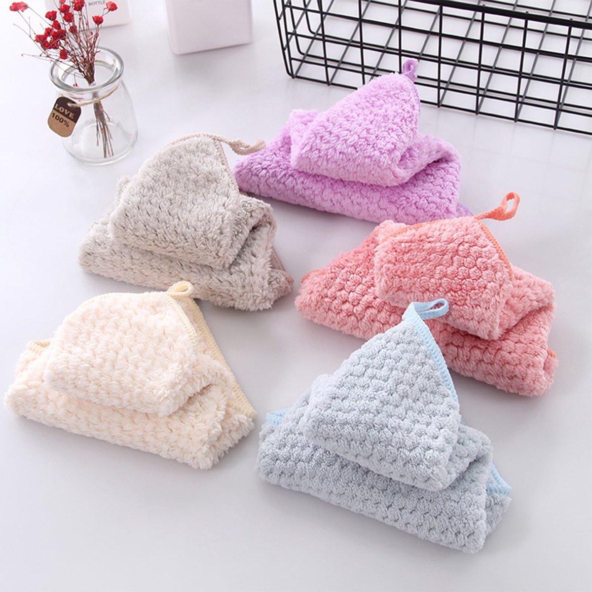 5-pack - Hanging ring, machine washable, quick drying - Hanging towels - Kitchen and bathroom towel strips (beige + pink + blue + purple + gray) - Image 4