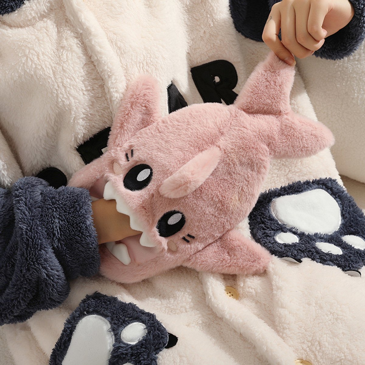 Hot Water Bottle - 1L Capacity - Hot Water Bottle with Cover - Plush Hot Water Bottle - Cute Shark Design - Keeps Water Hot for Up to 6 Hours - A Great Gift for Family and Friends - Pink - Image 3