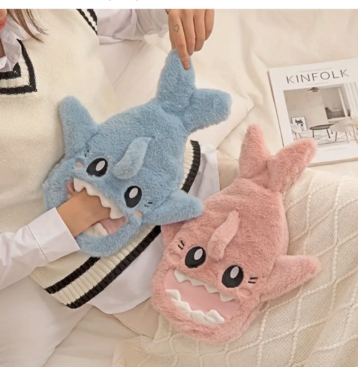 Hot Water Bottle - 1L Capacity - Hot Water Bottle with Cover - Plush Hot Water Bottle - Cute Shark Design - Keeps Water Hot for Up to 6 Hours - A Great Gift for Family and Friends - Pink - Image 4