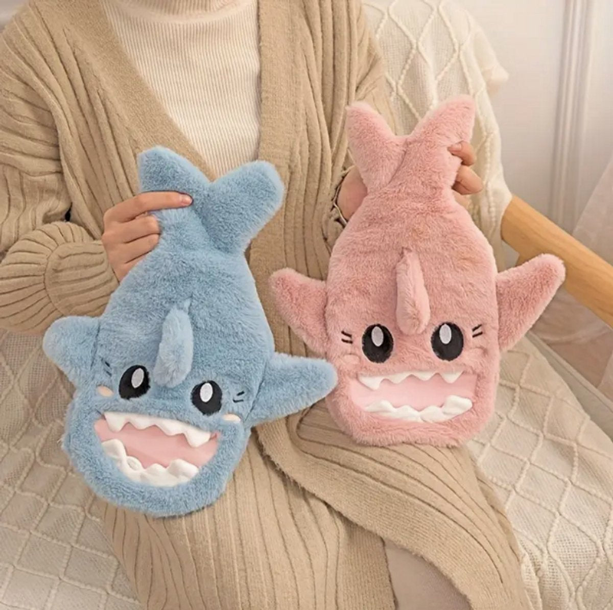 Hot Water Bottle - 1L Capacity - Hot Water Bottle with Cover - Plush Hot Water Bottle - Cute Shark Design - Keeps Water Hot for Up to 6 Hours - A Great Gift for Family and Friends - Pink - Image 5