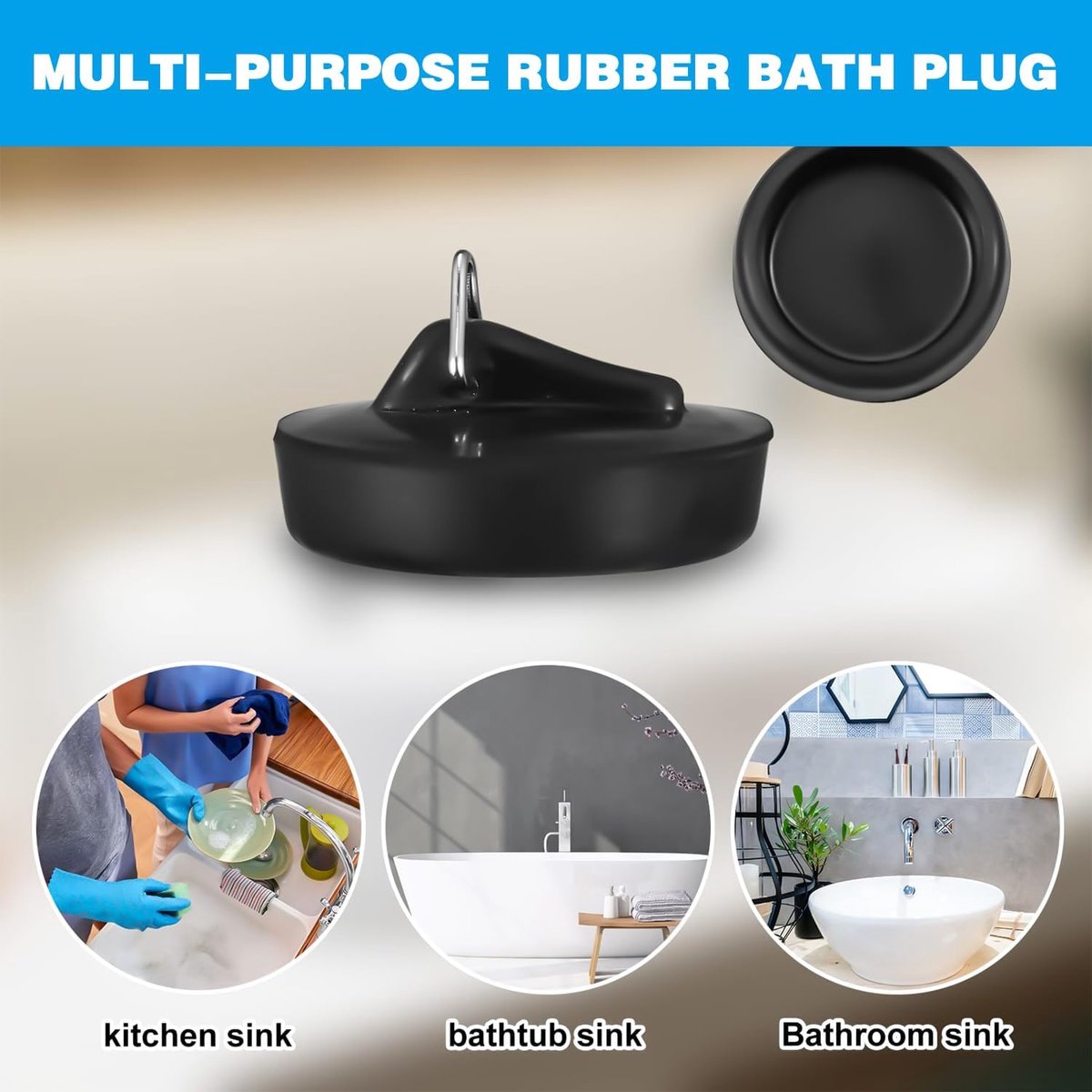 2-Pack Drain Plug - Sink Plug - Bath Plug for Home - Universal Plug Set - Diameter 42-45 mm - For Sinks - Kitchen Sink Plug Chain - Black - Image 5