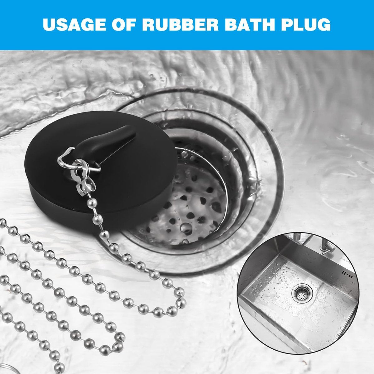 2-Pack Drain Plug - Sink Plug - Bath Plug for Home - Universal Plug Set - Diameter 42-45 mm - For Sinks - Kitchen Sink Plug Chain - Black - Image 6