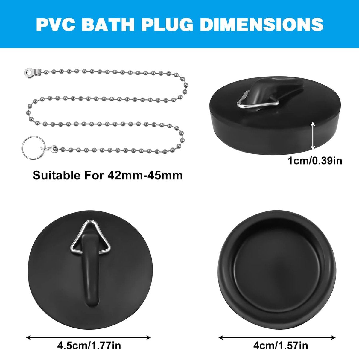2-Pack Drain Plug - Sink Plug - Bath Plug for Home - Universal Plug Set - Diameter 42-45 mm - For Sinks - Kitchen Sink Plug Chain - Black - Image 7