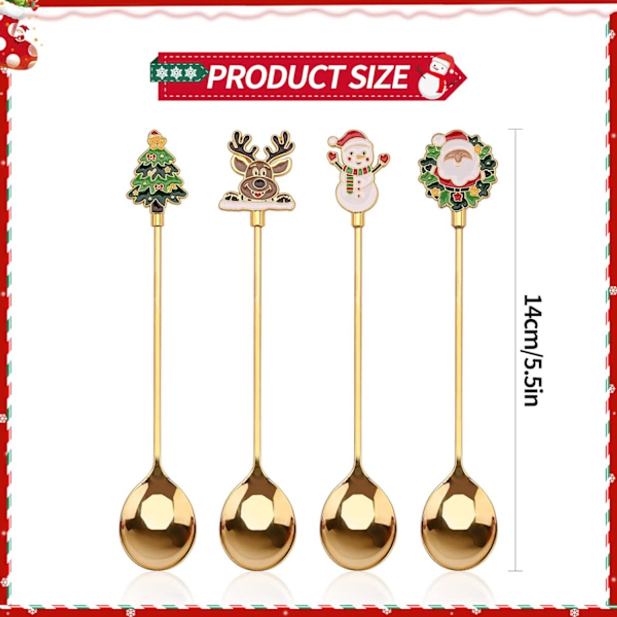 Teaspoons - 4 spoons - Christmas tableware - Silver dessert spoons - Decorated with Christmas trees, reindeer, snowmen and Santa Claus - Suitable for desserts, tea and soup - Image 2