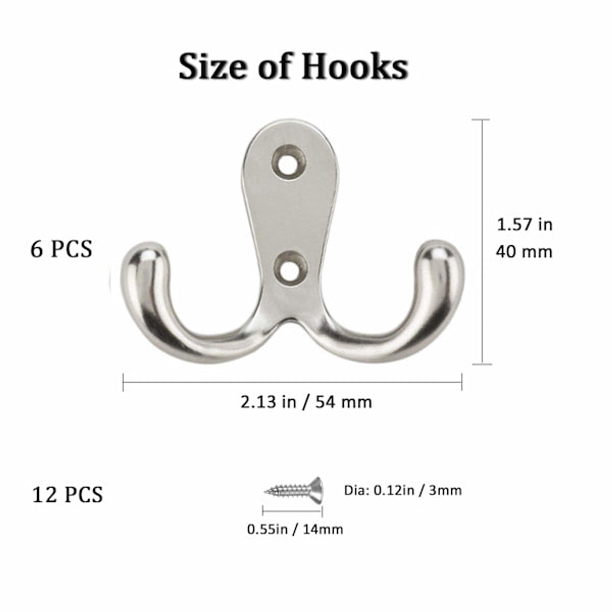 Double Hook - Chrome Double Coated Hook - Clothes - Bathrobe - Towel - Bathroom Bedroom Door Wall 6 Pieces - Image 2