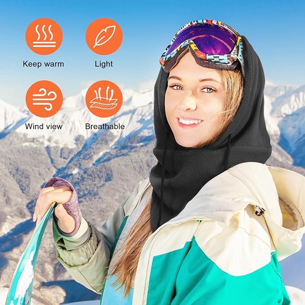 Hooded Scarf - Drawstring Scarf - Windproof Face Mask - Warm Face Mask - Scarf - Black - Motorcycle Neck Warmer - Suitable for winter activities such as skiing, running, cycling, motorcycling, picnicking and mountaineering. - Image 3