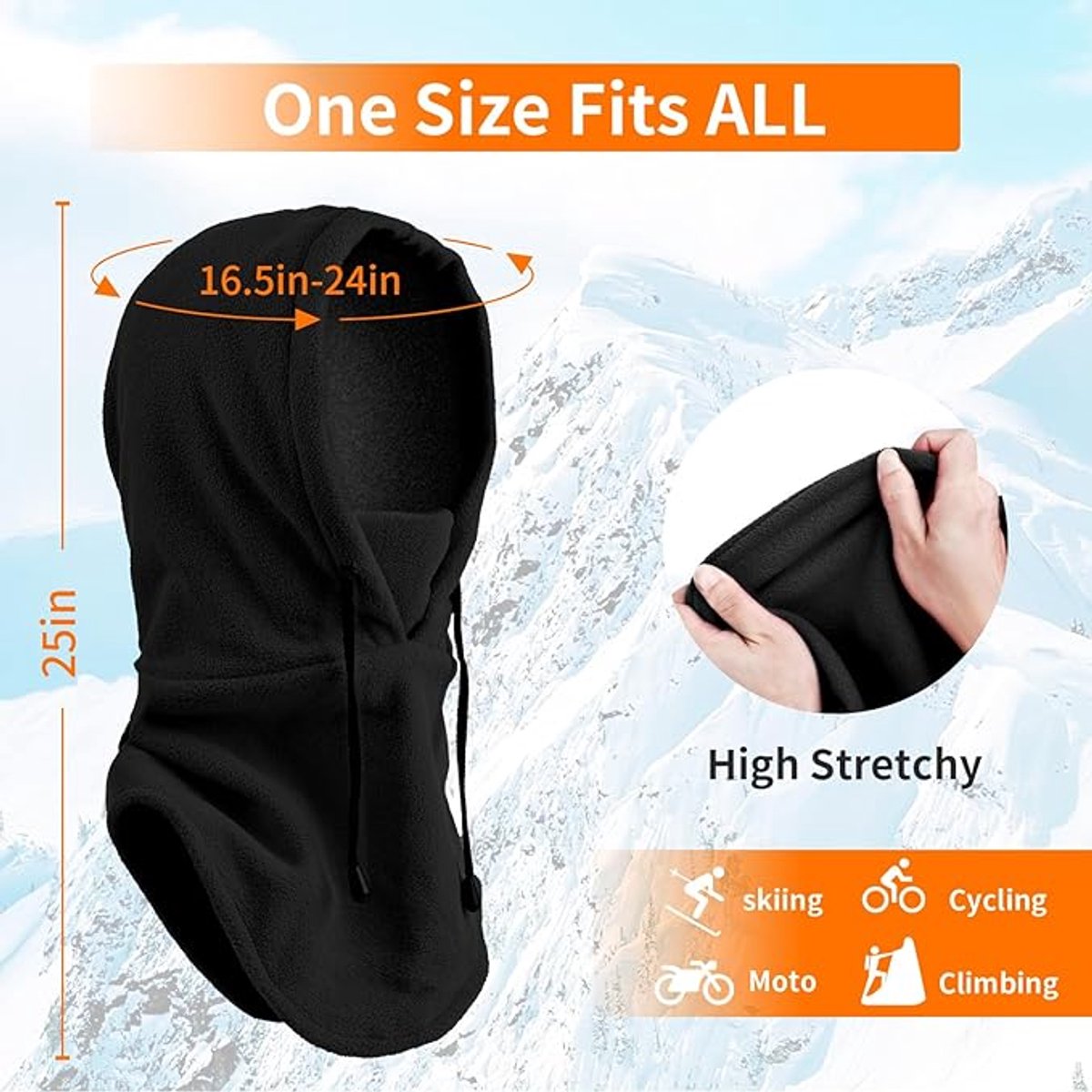 Hooded Scarf - Drawstring Scarf - Windproof Face Mask - Warm Face Mask - Scarf - Black - Motorcycle Neck Warmer - Suitable for winter activities such as skiing, running, cycling, motorcycling, picnicking and mountaineering. - Image 5