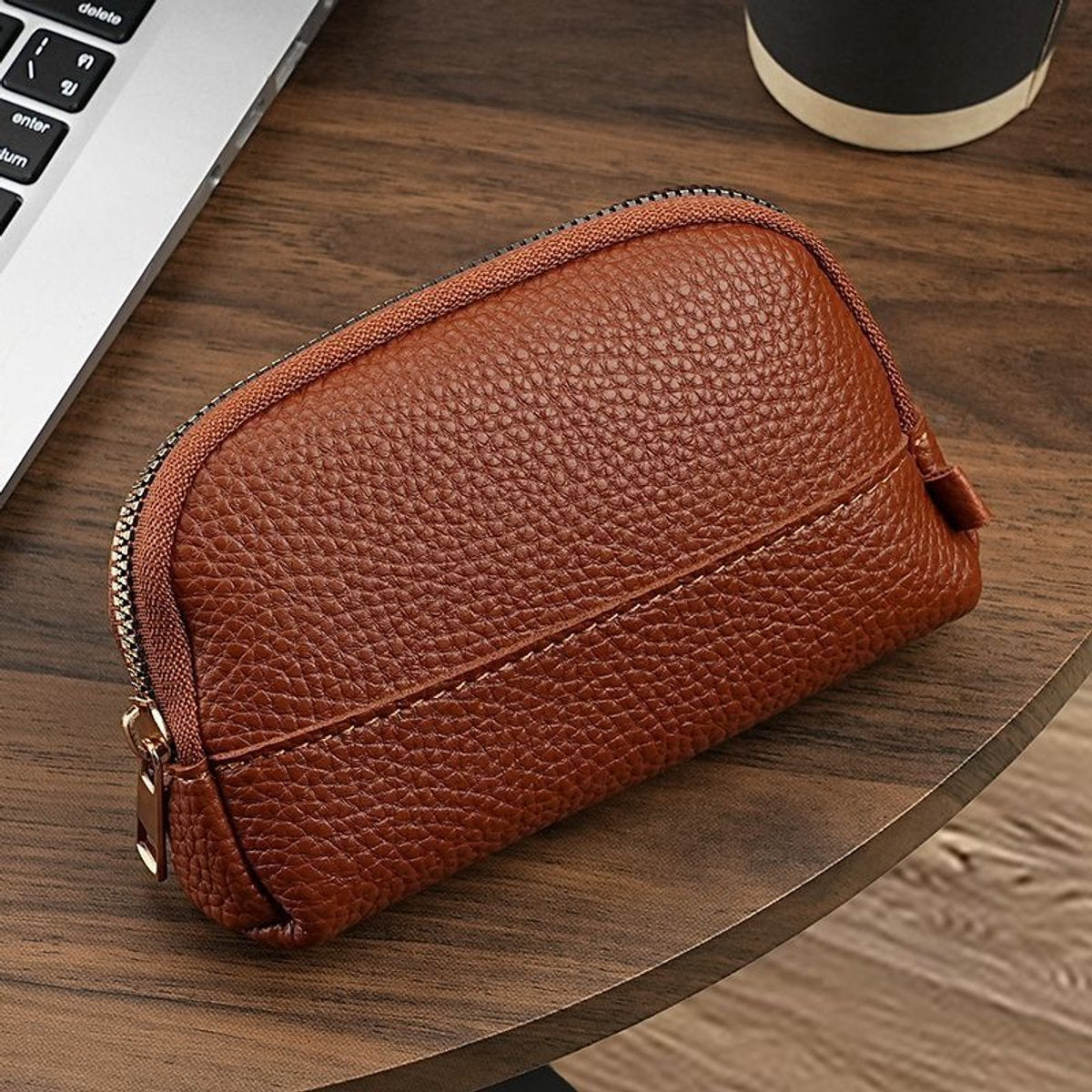 Vintage Wallet with Zip Around - Compact and Beautiful - Key Holder - Mini - Clutch - Coin Purse - Dark Brown - Image 2