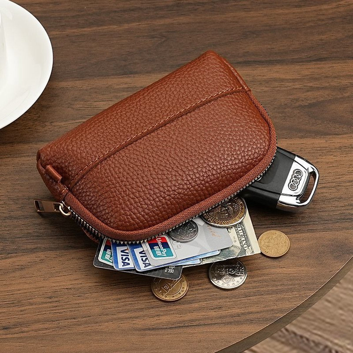 Vintage Wallet with Zip Around - Compact and Beautiful - Key Holder - Mini - Clutch - Coin Purse - Dark Brown - Image 3