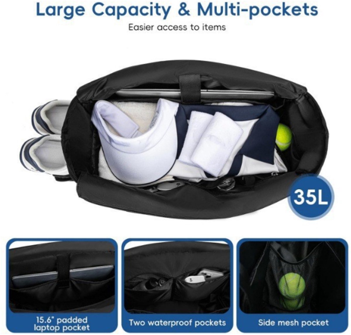 Backpack - Tennis bag - Handbag - Sports bag - Waterproof racket bag - Suitable for multiple rackets with shoe compartment - Black - Image 4