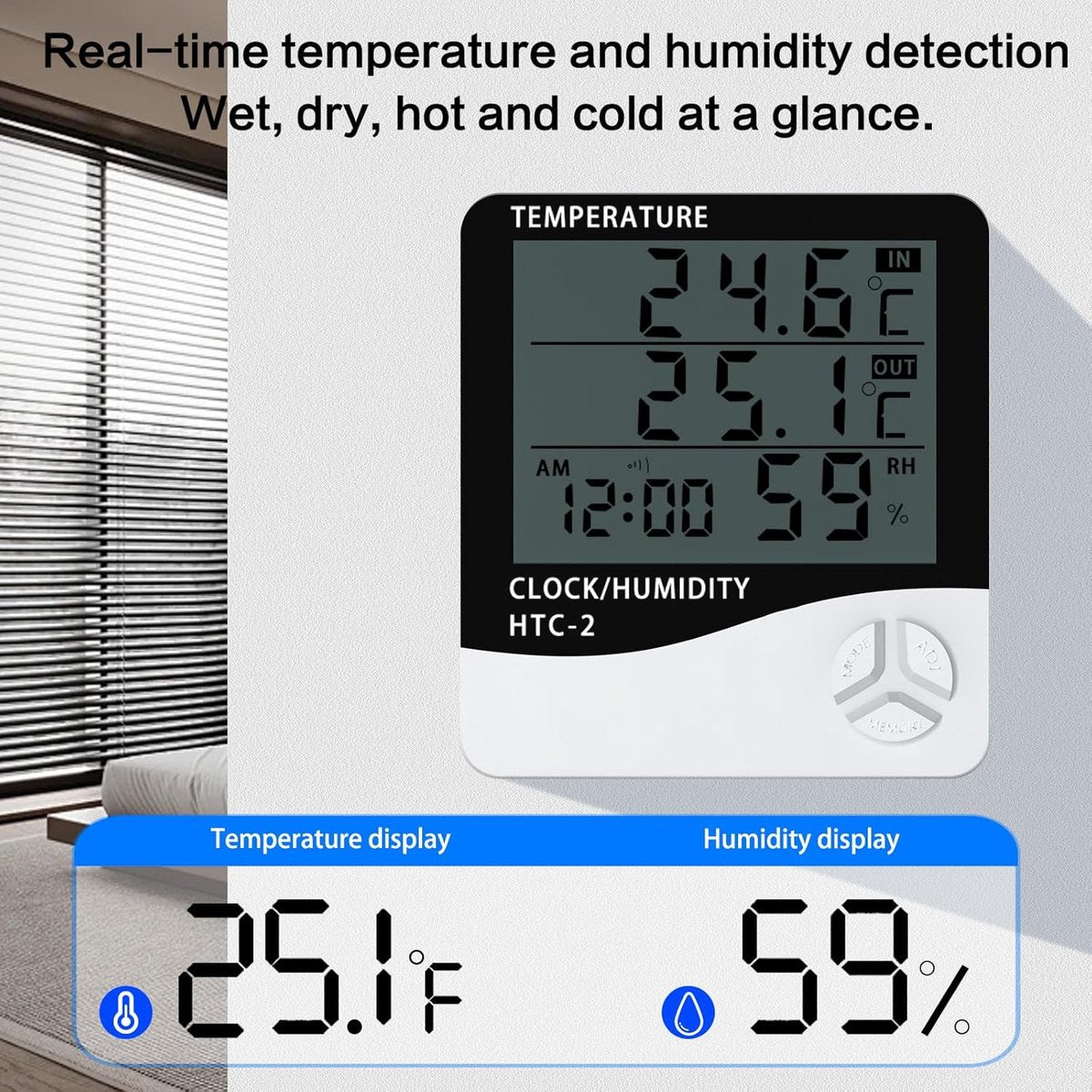 HTC-2 Indoor/Outdoor Temperature/Hygrometer - Digital Temperature and Humidity Sensor for Home - Portable with Time Display - Suitable for Temperature and Humidity Monitoring - Image 4
