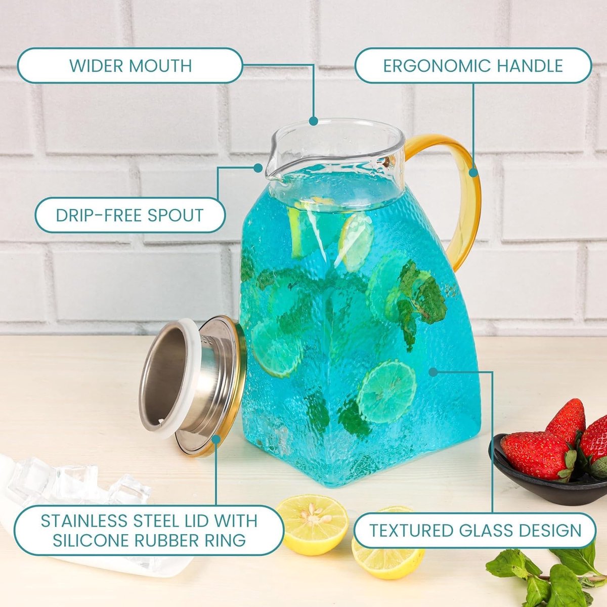 Water Juice - Fridge Door Juice - 1.8L Glass Juice - with Stainless Steel Lid - Juice Juice - For Hot and Cold Drinks - For Homemade Drinks - Juice - Ice - Tea - Coffee - Milk - Wine and Beverages - Image 2