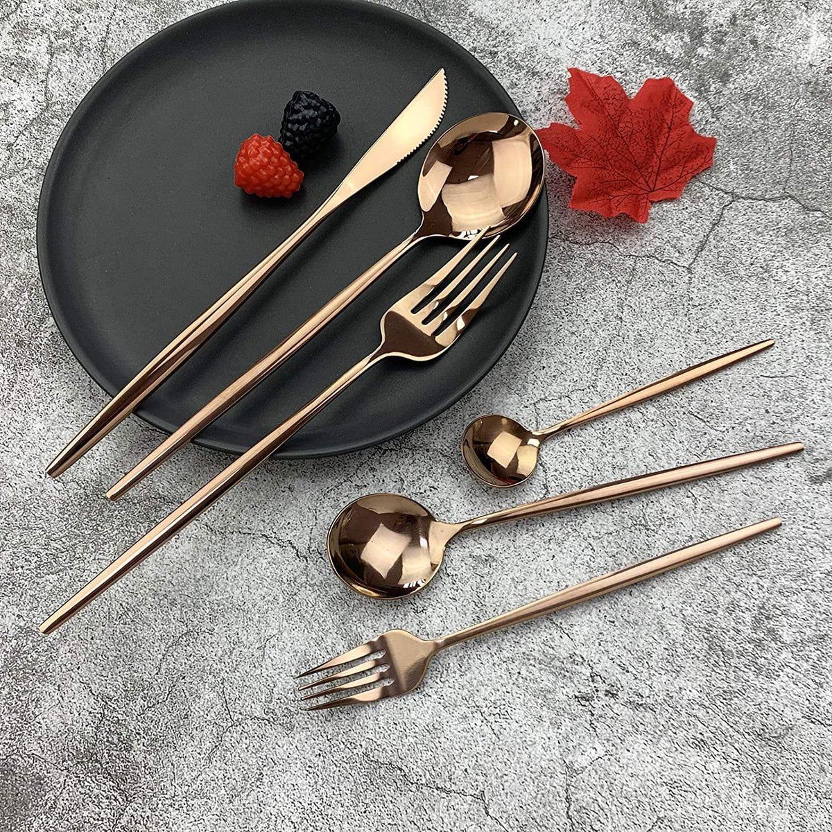 Cutlery Set - Mirror-polished copper cutlery set (for 6 persons) - Shiny stainless steel cutlery set (36-piece) - Dinner knife, fork, spoon, dessert fork, salad spoon - Dishwasher safe - Image 2