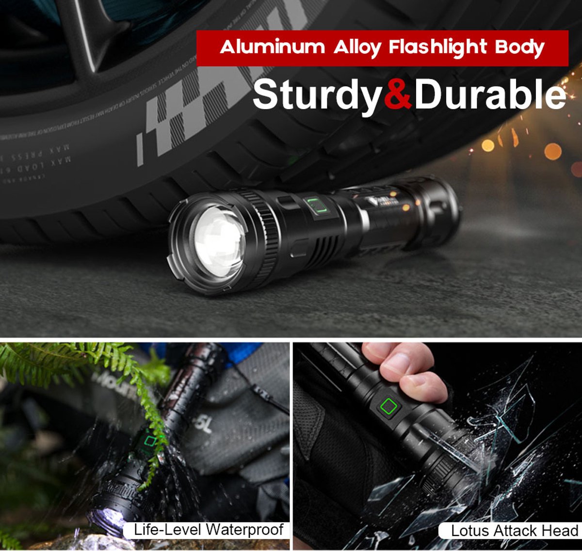 LED Flashlight - With Zoom Function & Waterproof - LED Flashlight - With Zoom Function & Waterproof - Battery-Powered Flashlight - USB Rechargeable - Long Battery Life - 3 Light Modes (Strong / Low / Flash)USB Rechargeable - Long Battery Life - 3 Light Mo - Image 7