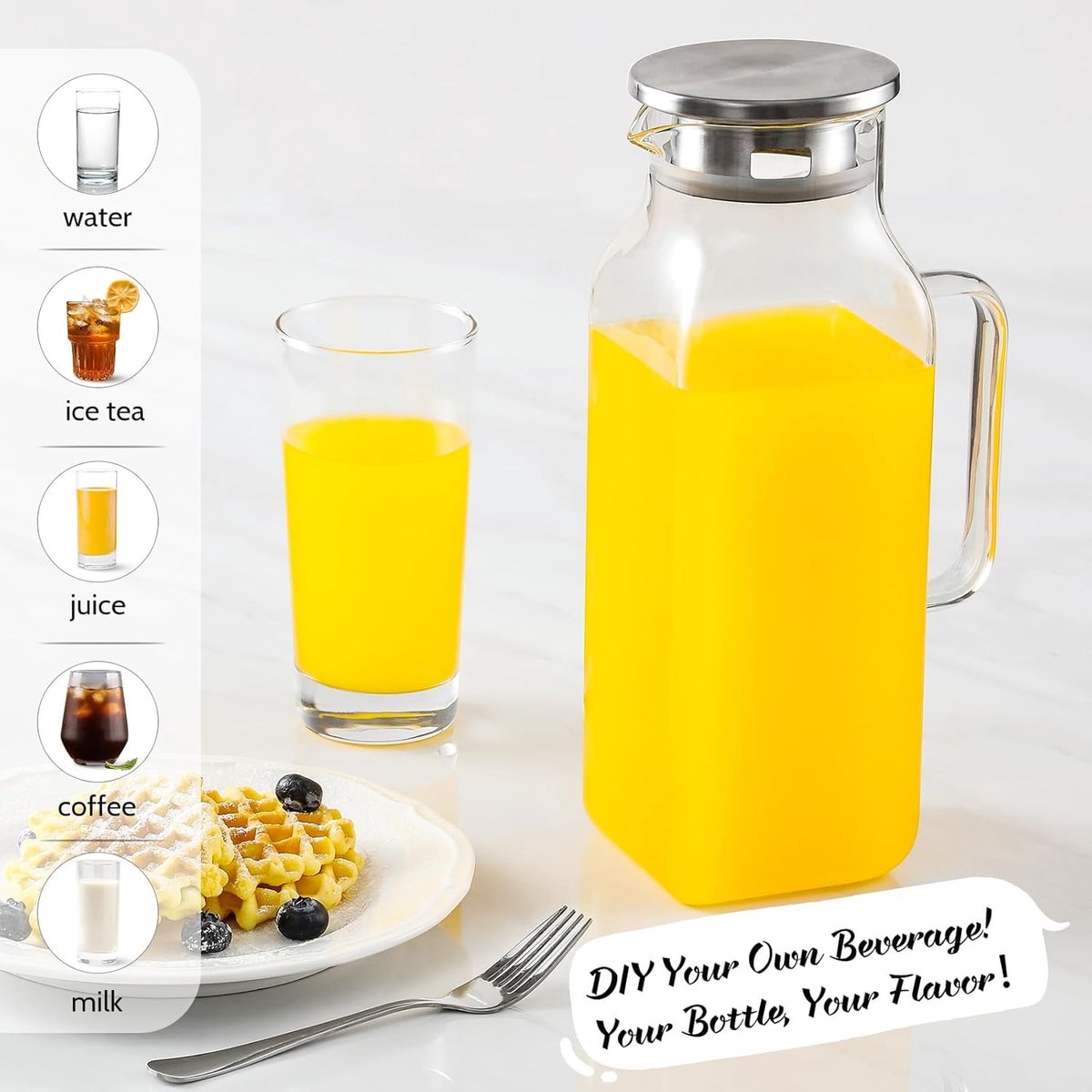 Square glass water jug - with lid and handle - refrigerator safe - suitable for hot and cold drinks - large capacity for home and restaurant use - suitable for coffee, juice, milk and other drinks. - Image 3