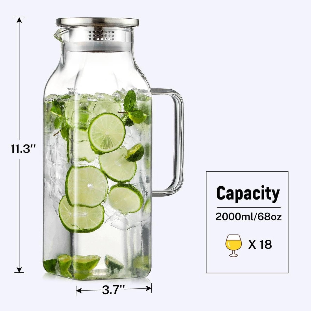 Square glass water jug - with lid and handle - refrigerator safe - suitable for hot and cold drinks - large capacity for home and restaurant use - suitable for coffee, juice, milk and other drinks. - Image 5