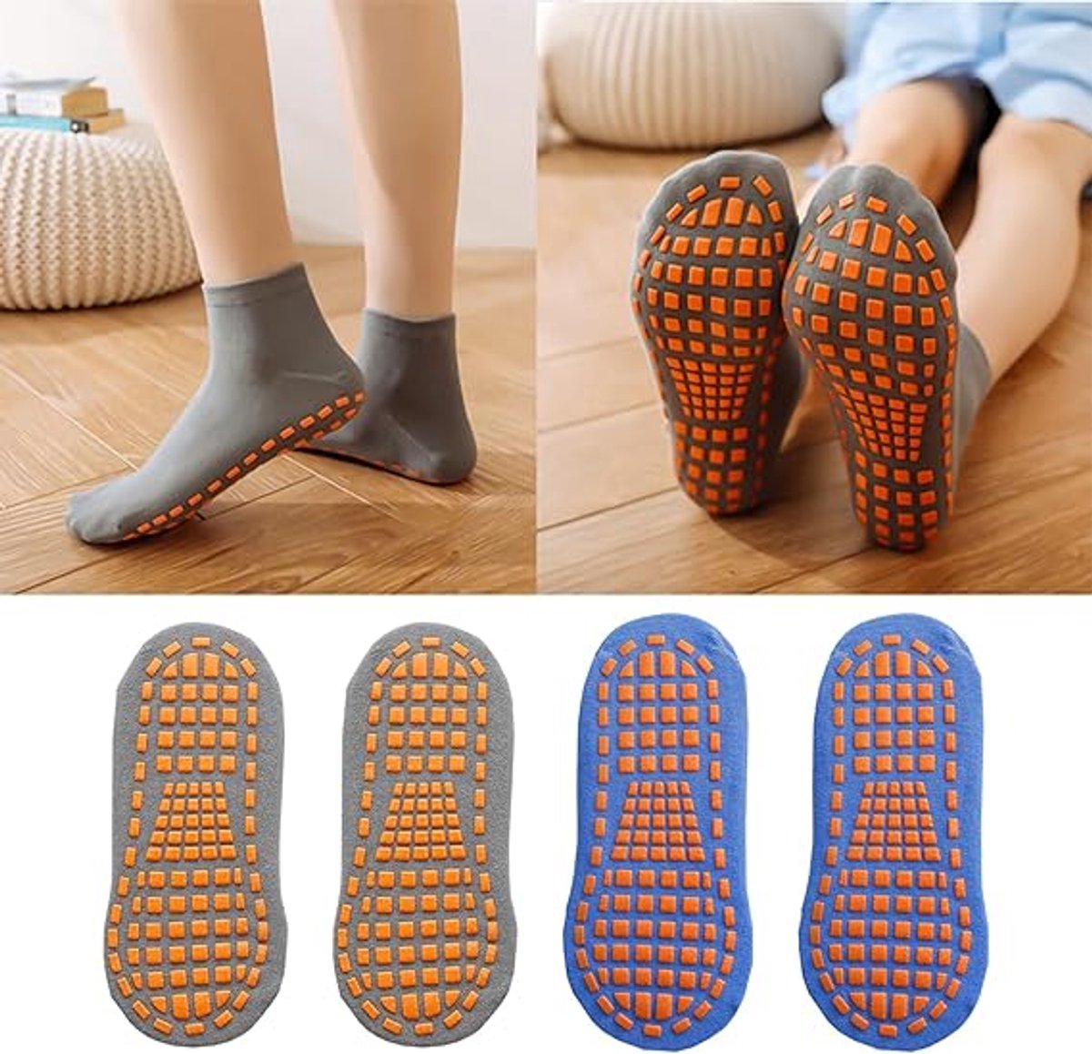Non-slip socks (2 pairs) - Yoga socks - Non-slip yoga socks for women - Non-slip sports socks for adults - 100% cotton - Sports - Yoga - Pilates - Gymnastics - Trampoline socks - Blue - Gray - Sizes 36-43 - Image 3
