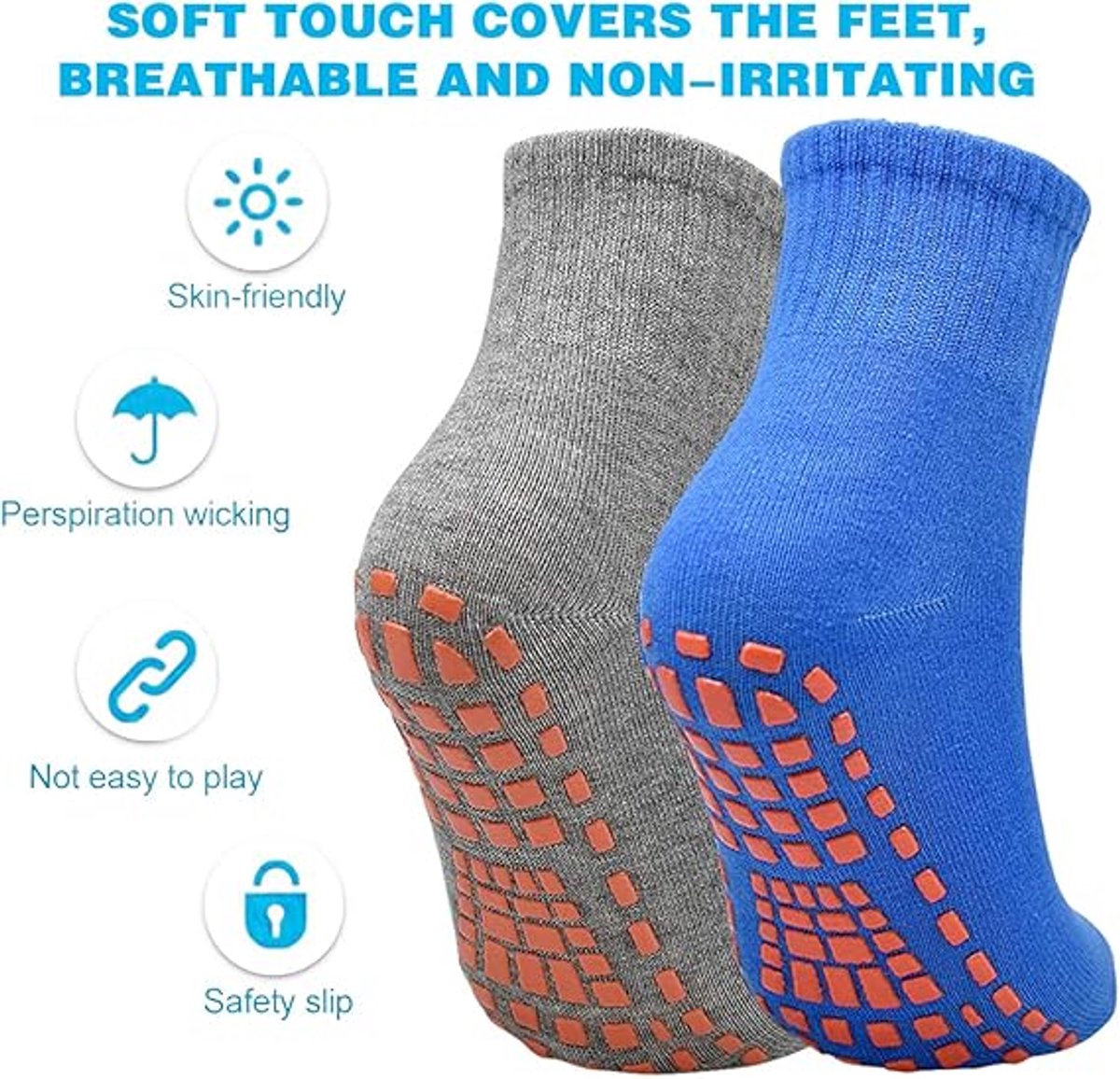 Non-slip socks (2 pairs) - Yoga socks - Non-slip yoga socks for women - Non-slip sports socks for adults - 100% cotton - Sports - Yoga - Pilates - Gymnastics - Trampoline socks - Blue - Gray - Sizes 36-43 - Image 7