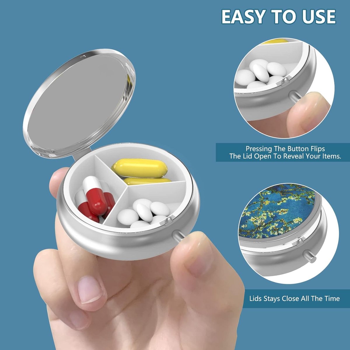 Pill Box - Three-Compartment Pill Box - Portable Pill Box - Fits in Pocket or Purse - Decorative Metal Medicine and Vitamin Storage Box - Unique Gift (Blue Quicksand) - Image 2