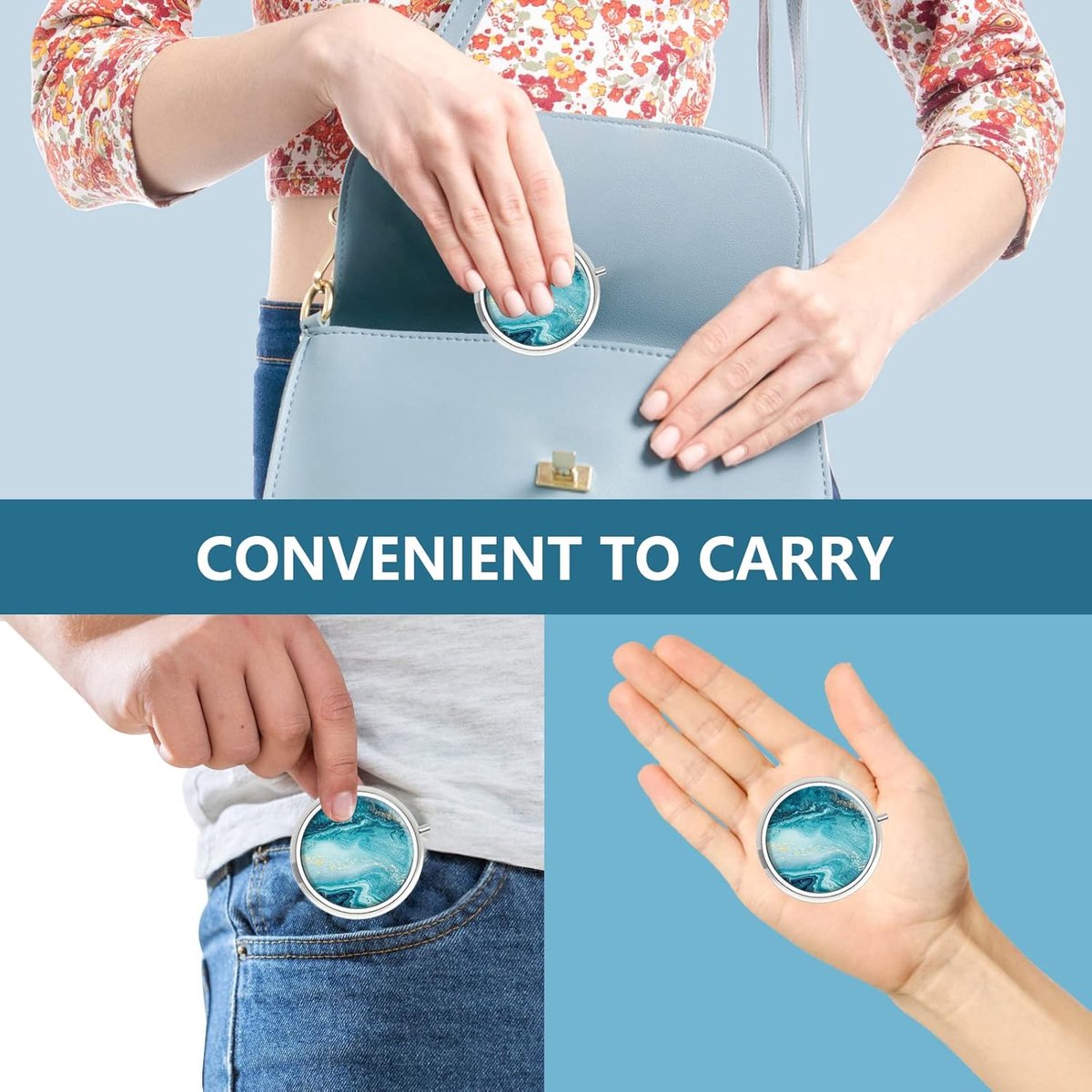 Pill Box - Three-Compartment Pill Box - Portable Pill Box - Fits in Pocket or Purse - Decorative Metal Medicine and Vitamin Storage Box - Unique Gift (Blue Quicksand) - Image 5