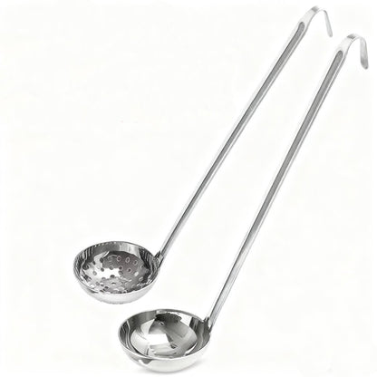 Two-piece set - Stainless steel soup ladle and sieve with hook - can be hung on the side of a pan - Soup ladle - Porridge spoon - Thickened household spoon - 25 cm