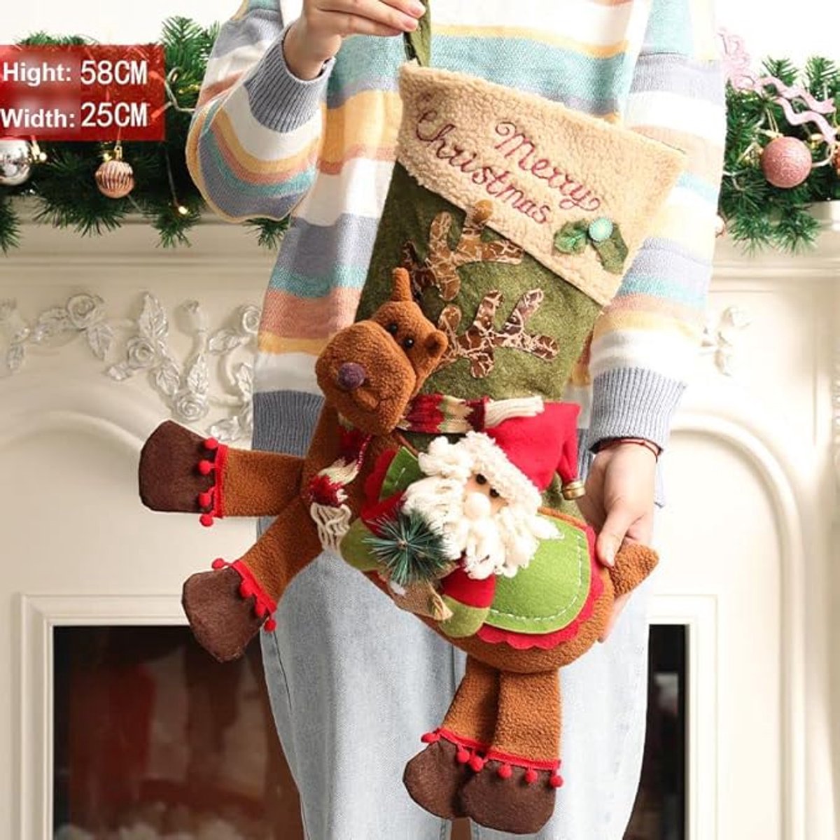 Gift Bags - 23 Inch Christmas Stockings - Santa and Reindeer Pattern - Extra Soft Plush Cuff - Classic Christmas Stocking Decoration - Perfect for Family Holiday Decor（A） - Image 3