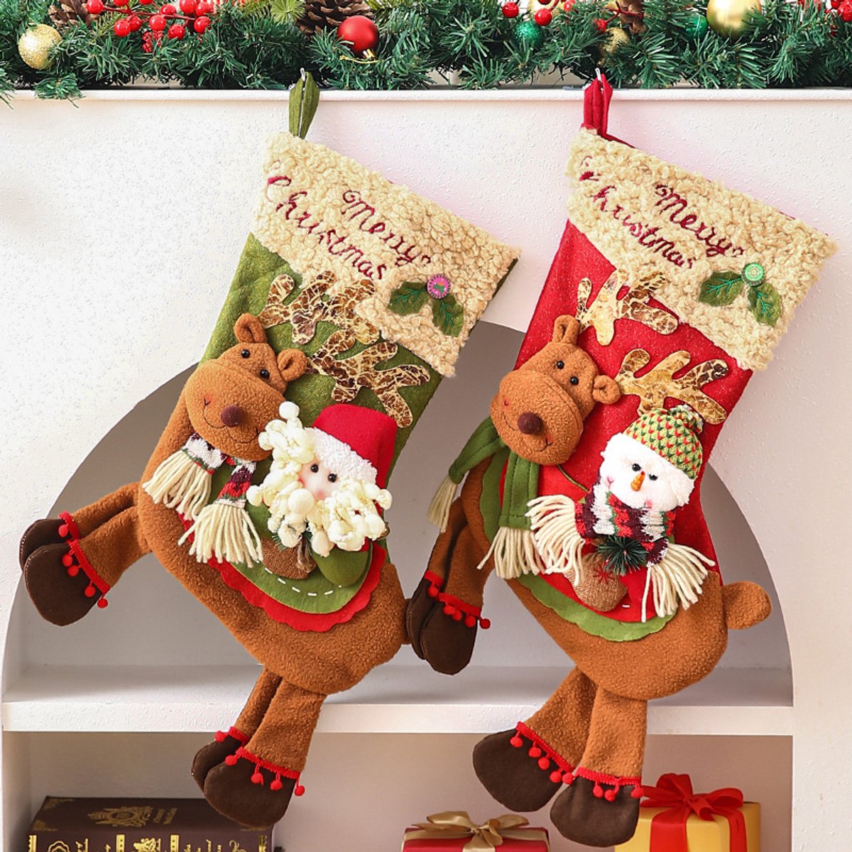 Gift Bags - 23 Inch Christmas Stockings - Santa and Reindeer Pattern - Extra Soft Plush Cuff - Classic Christmas Stocking Decoration - Perfect for Family Holiday Decor（A） - Image 5