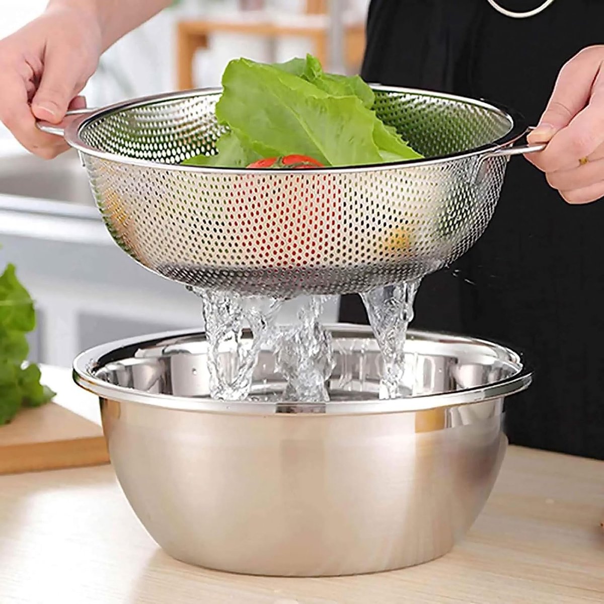 2-piece vegetable draining rack set made of stainless steel - with handles - drip tray on top - suitable for draining pasta, vegetables, fruit and rice - dishwasher safe - 2-piece set - diameters 22.5 cm and 19.5 cm - Image 2