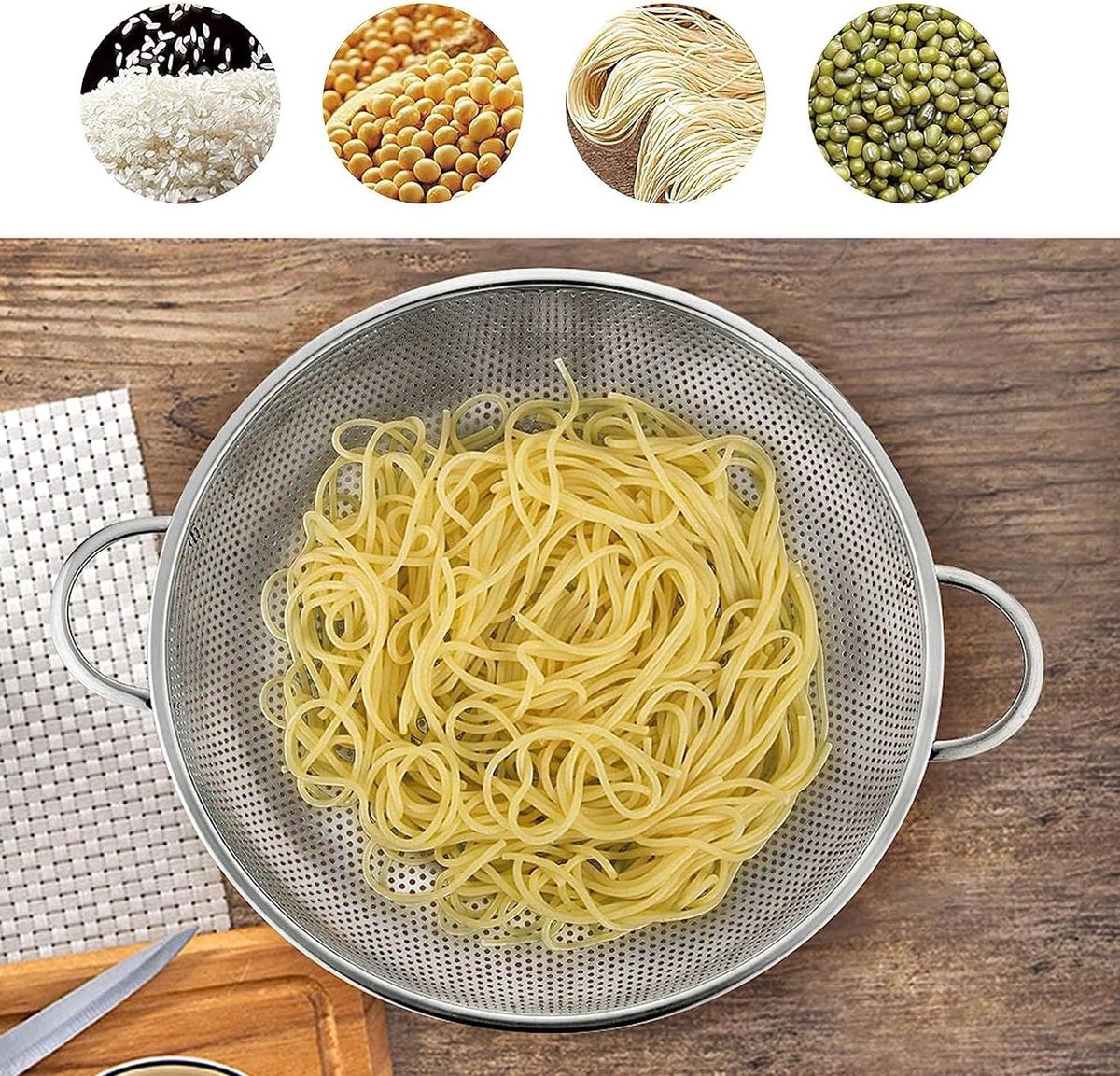 2-piece vegetable draining rack set made of stainless steel - with handles - drip tray on top - suitable for draining pasta, vegetables, fruit and rice - dishwasher safe - 2-piece set - diameters 22.5 cm and 19.5 cm - Image 3