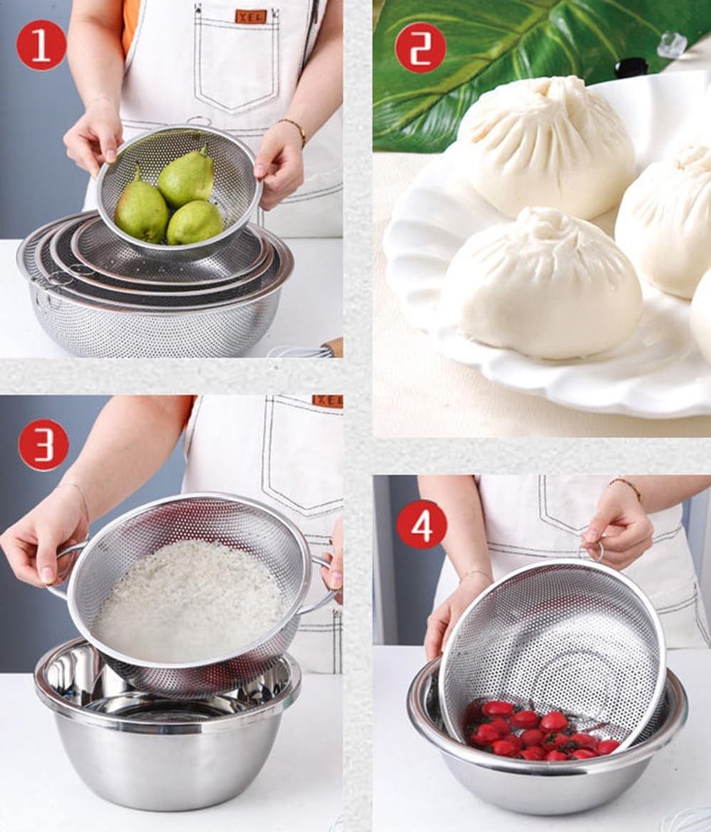 2-piece vegetable draining rack set made of stainless steel - with handles - drip tray on top - suitable for draining pasta, vegetables, fruit and rice - dishwasher safe - 2-piece set - diameters 22.5 cm and 19.5 cm - Image 4