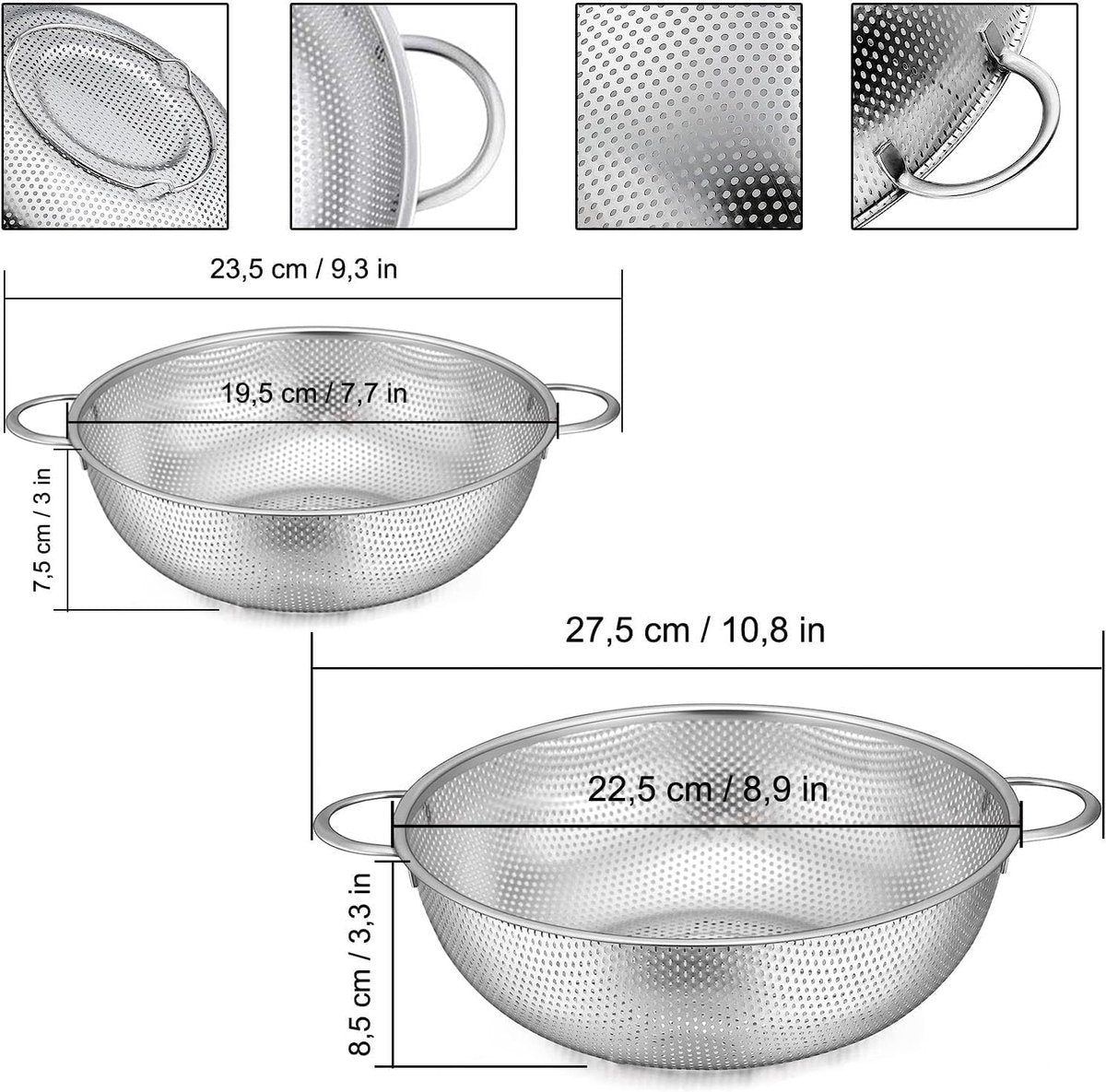 2-piece vegetable draining rack set made of stainless steel - with handles - drip tray on top - suitable for draining pasta, vegetables, fruit and rice - dishwasher safe - 2-piece set - diameters 22.5 cm and 19.5 cm - Image 5