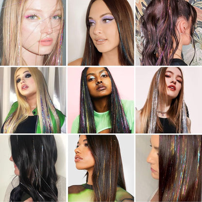 Hair Tinsels - Festival Hair Extensions - Glitter Hair Extensions - 12-Piece Clip-On Hair Accessory Set - 52 cm, for Christmas and New Year, Glitter Hair Extensions, Suitable for Women, Girls and Children (Rainbow Colors) - Image 3