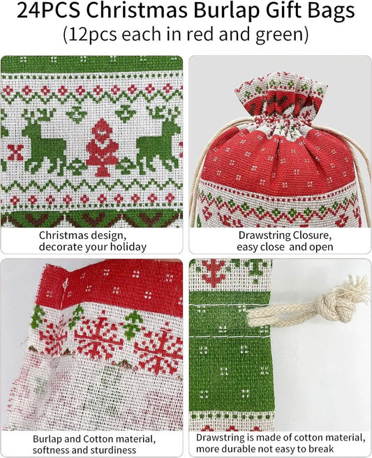 Christmas linen gift bags - 24 pieces - 10x14cm - Christmas decoration for indoors - Reusable - Christmas candy bags with drawstring - Suitable for gift bags for children's parties during the Christmas holidays - Image 3