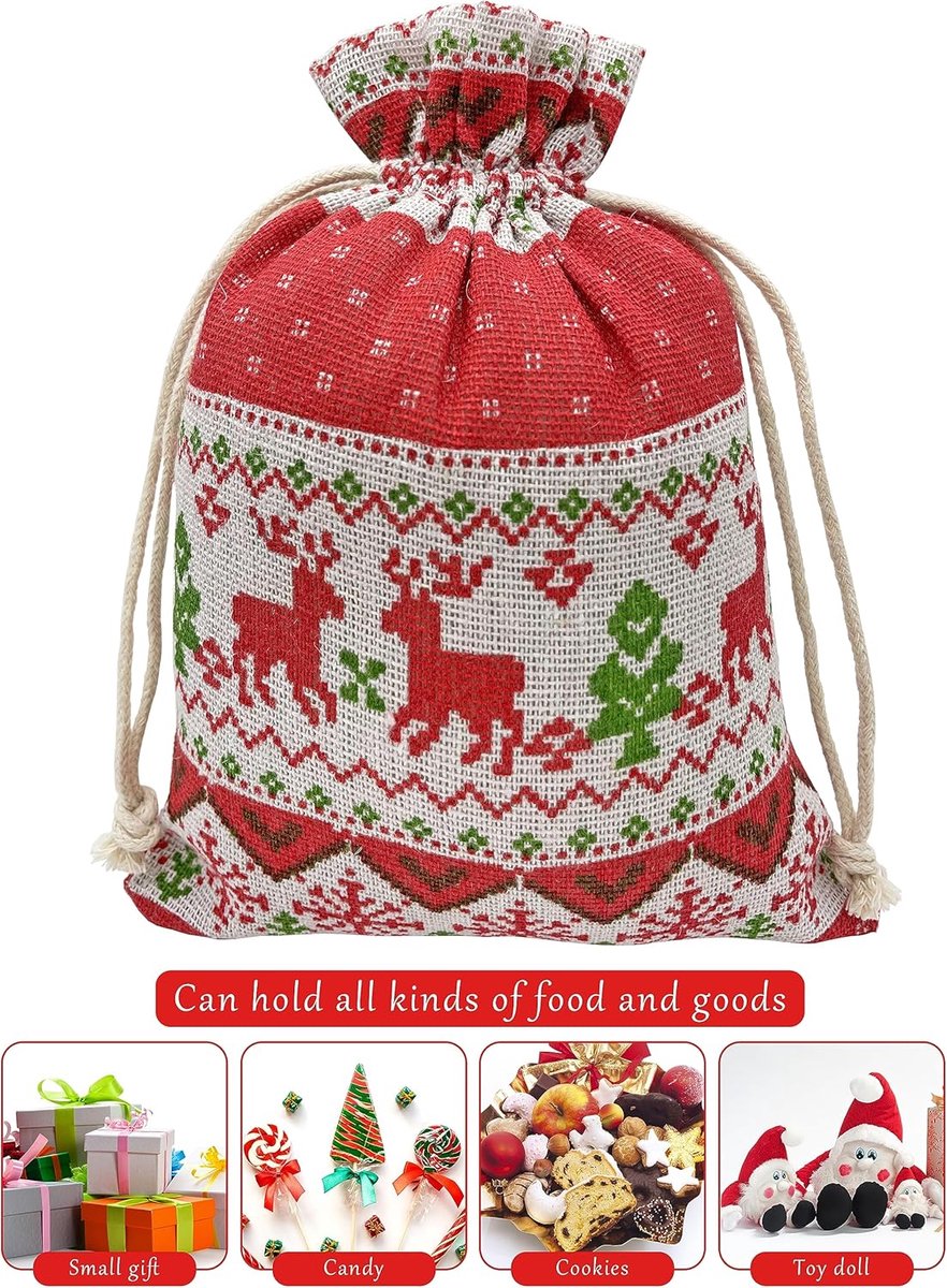 Christmas linen gift bags - 24 pieces - 10x14cm - Christmas decoration for indoors - Reusable - Christmas candy bags with drawstring - Suitable for gift bags for children's parties during the Christmas holidays - Image 6