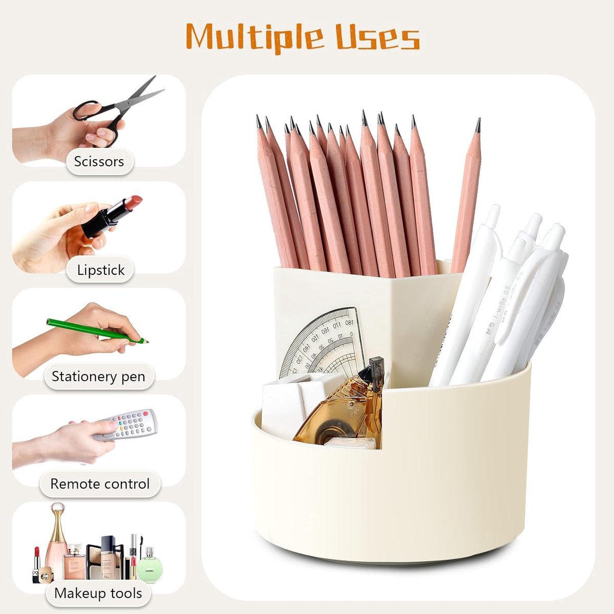 Desktop Rotating Pencil Holder - 3-Compartment Rotating Pencil Holder - Pencil Organizer - 360 Degree Rotating Office Supplies Organizer - for Pencils, Crayons & Office Supplies (White) - Image 2