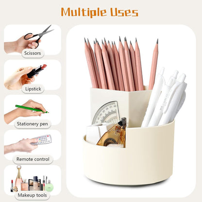 Desktop Rotating Pencil Holder - 3-Compartment Rotating Pencil Holder - Pencil Organizer - 360 Degree Rotating Office Supplies Organizer - for Pencils, Crayons & Office Supplies (White) - Image 2