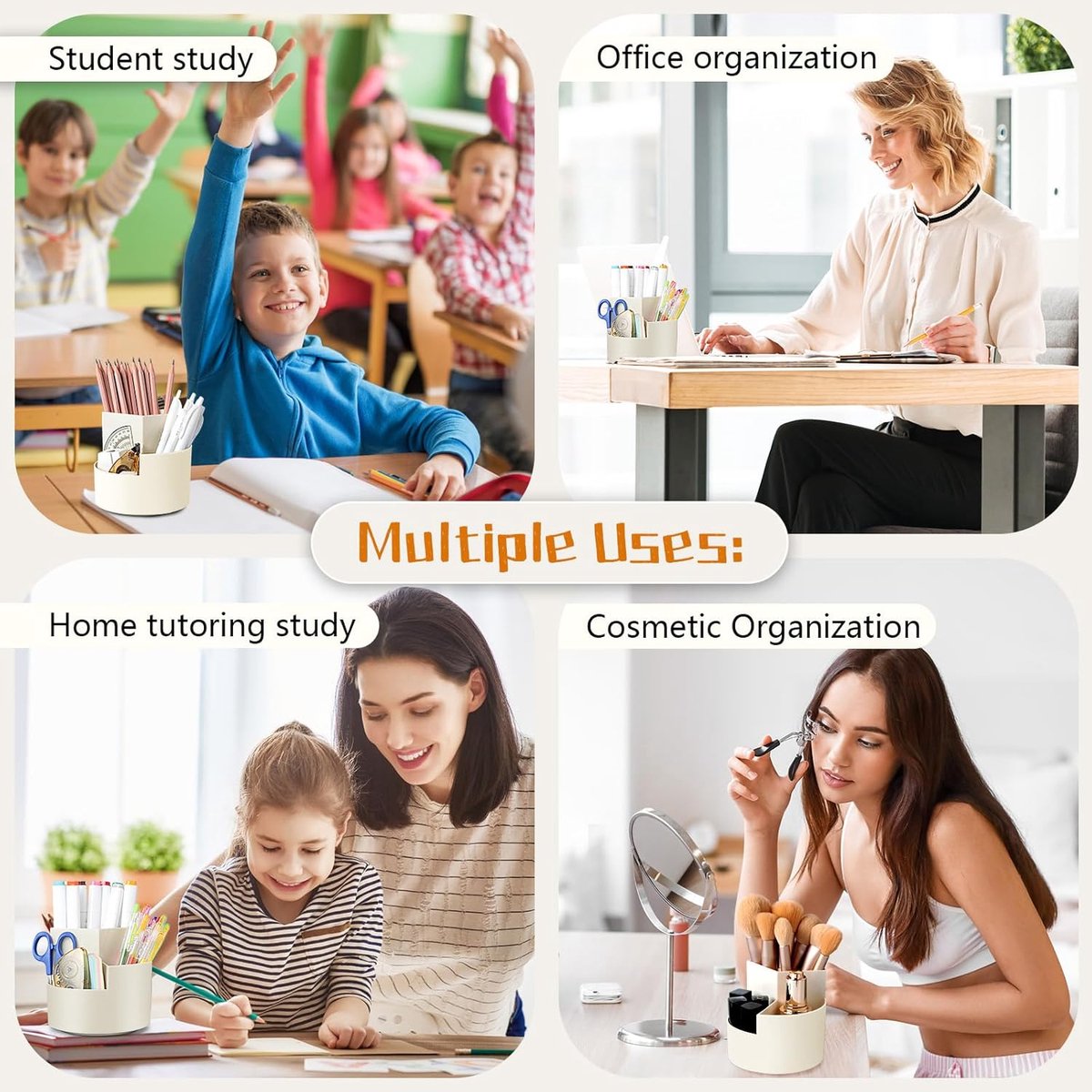 Desktop Rotating Pencil Holder - 3-Compartment Rotating Pencil Holder - Pencil Organizer - 360 Degree Rotating Office Supplies Organizer - for Pencils, Crayons & Office Supplies (White) - Image 3