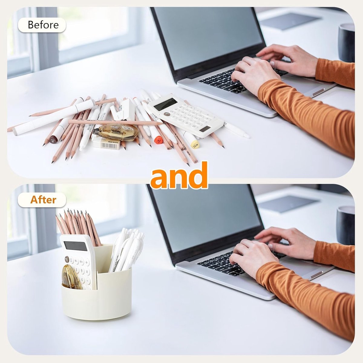 Desktop Rotating Pencil Holder - 3-Compartment Rotating Pencil Holder - Pencil Organizer - 360 Degree Rotating Office Supplies Organizer - for Pencils, Crayons & Office Supplies (White) - Image 4