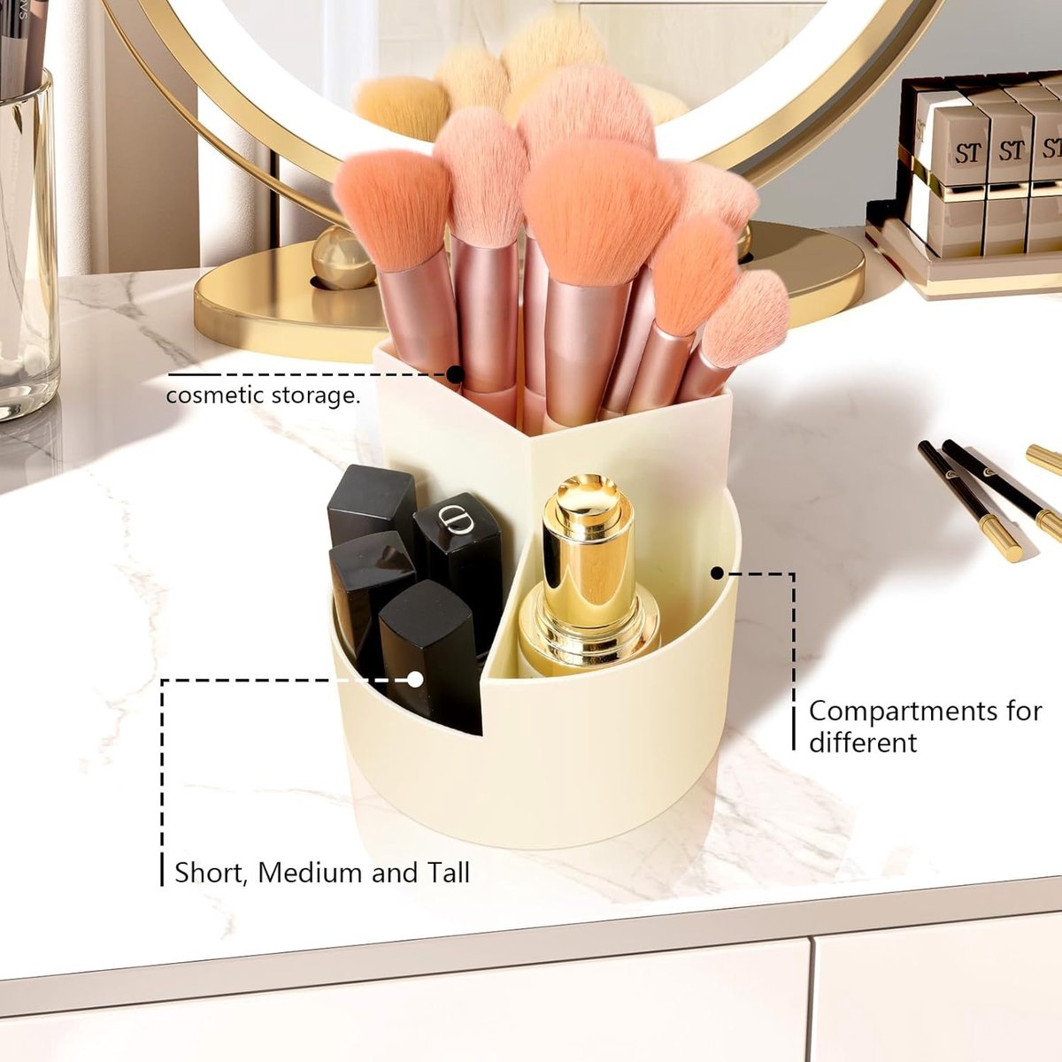 Desktop Rotating Pencil Holder - 3-Compartment Rotating Pencil Holder - Pencil Organizer - 360 Degree Rotating Office Supplies Organizer - for Pencils, Crayons & Office Supplies (White) - Image 7