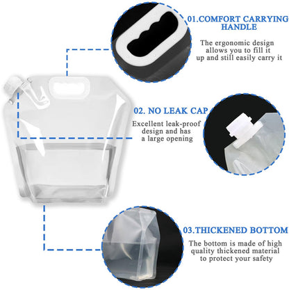 5L Collapsible Water Bag - Portable Water Container - Water Bottle - Kettle - 4-Pack Collapsible Water Jugs - Clear Plastic Water Bag with Handle for Camping, Emergencies, Hiking - Leak-Proof, Freezable Collapsible Water Container Bags - Image 2